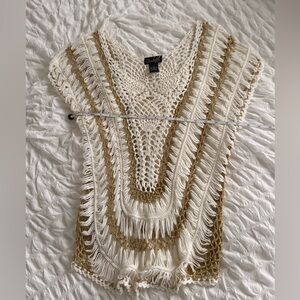 Bohemian/Coachella Crochet-Alike White/Gold See-Through Shirt Top Duster